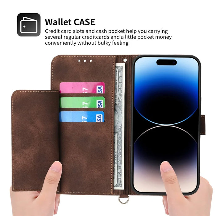 For iPhone 16 Leather Case Multiple Card Slots Phone Cover with 2 Straps - Brown - 3
