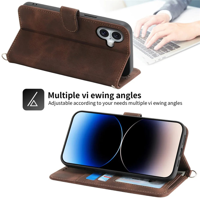 For iPhone 16 Leather Case Multiple Card Slots Phone Cover with 2 Straps - Brown - 6