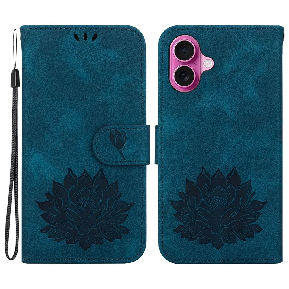 For iPhone 16 Plus Phone Case Lotus Imprint Leather Stand Wallet Cover - Blue - 1