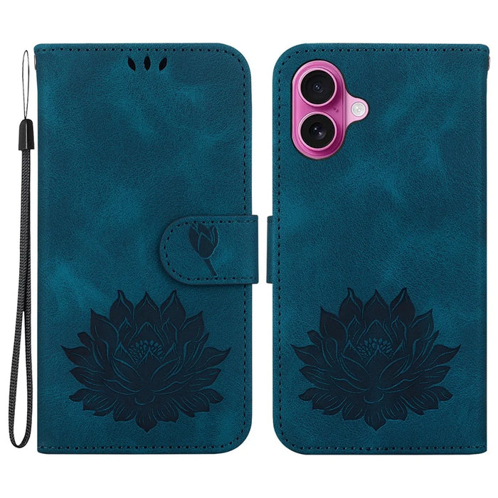 For iPhone 16 Plus Phone Case Lotus Imprint Leather Stand Wallet Cover - Blue - 1
