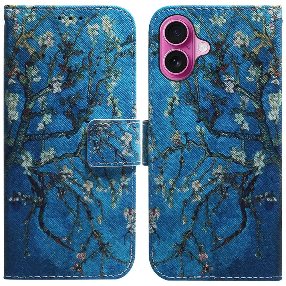 For iPhone 16 Plus Wallet Case Pattern Print Leather Phone Cover - Apricot Flowers - 1
