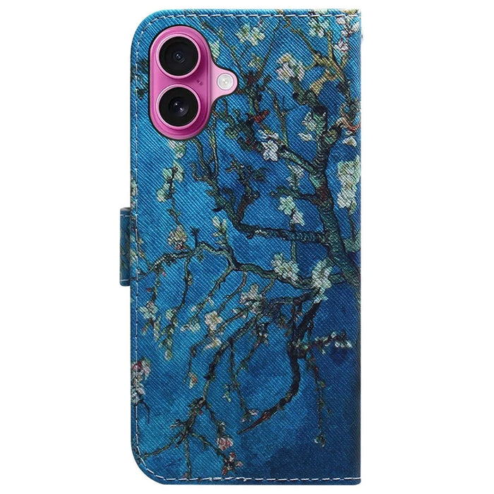 For iPhone 16 Plus Wallet Case Pattern Print Leather Phone Cover - Apricot Flowers - 7