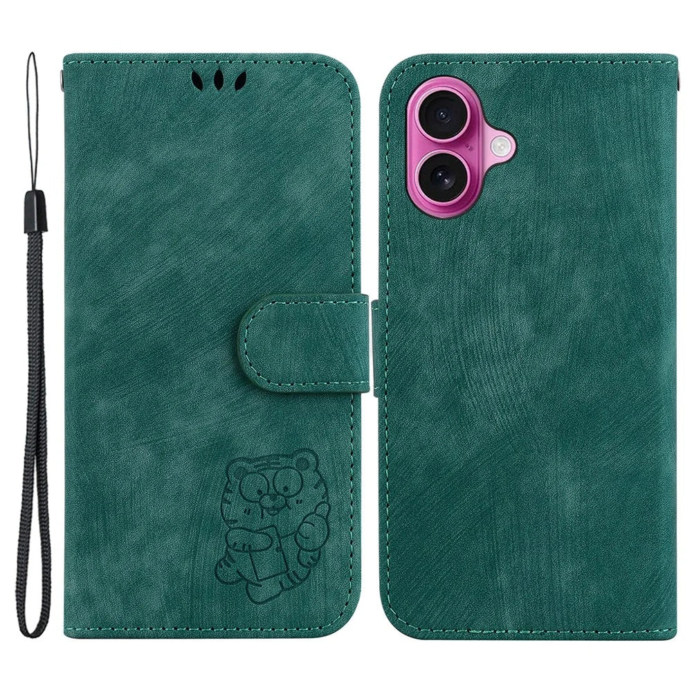 For iPhone 16 Plus Stand Case Cute Tiger Imprint Leather Wallet Phone Cover - Green - 1
