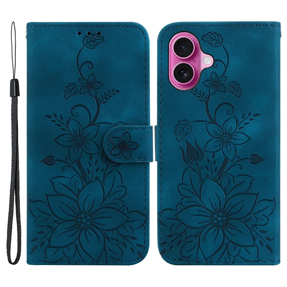 For iPhone 16 Plus Wallet Case PU Leather Phone Cover Flower Imprinted - Dark Blue - 1