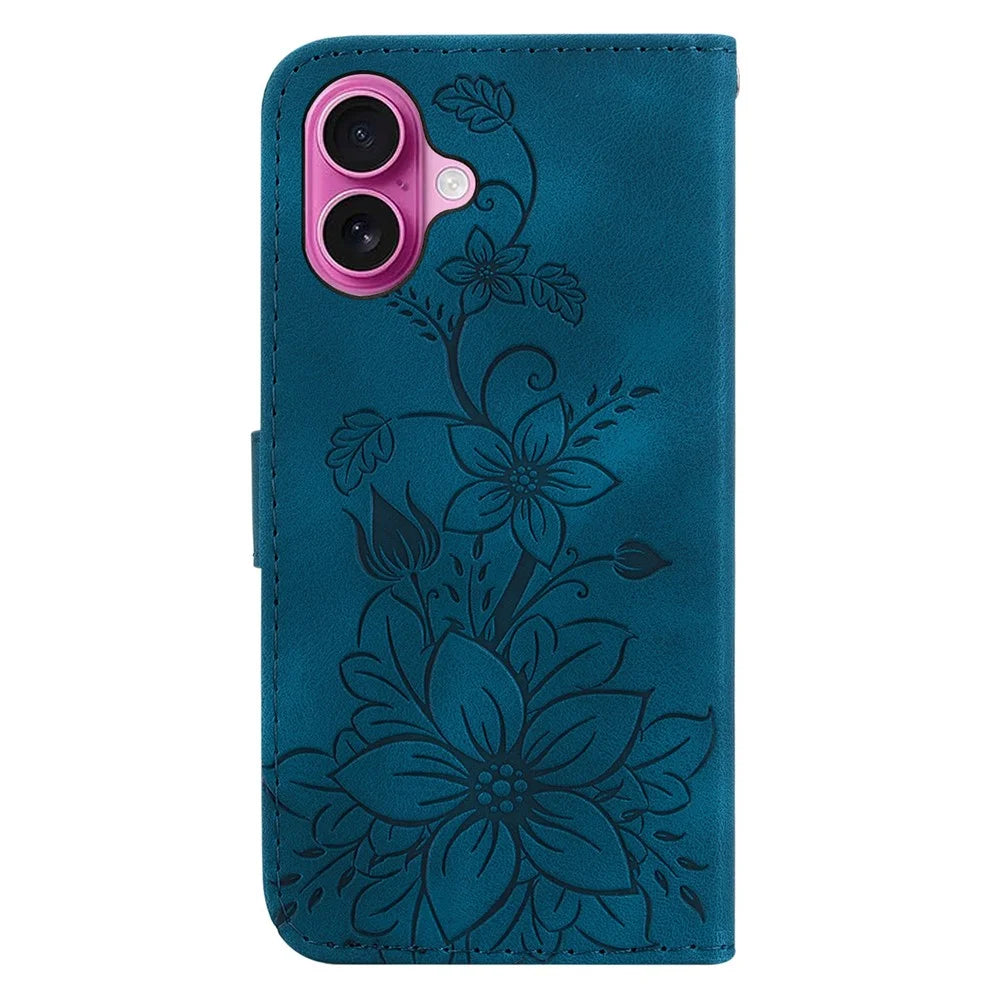 For iPhone 16 Plus Wallet Case PU Leather Phone Cover Flower Imprinted - Dark Blue - 7