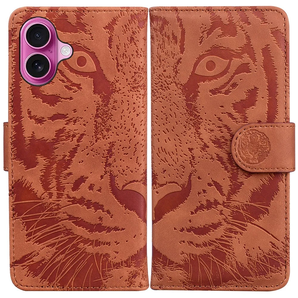 For iPhone 16 Plus Case Tiger Imprint Leather Shockproof Wallet Phone Cover - Brown - 1