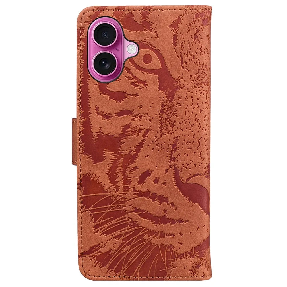 For iPhone 16 Plus Case Tiger Imprint Leather Shockproof Wallet Phone Cover - Brown - 7
