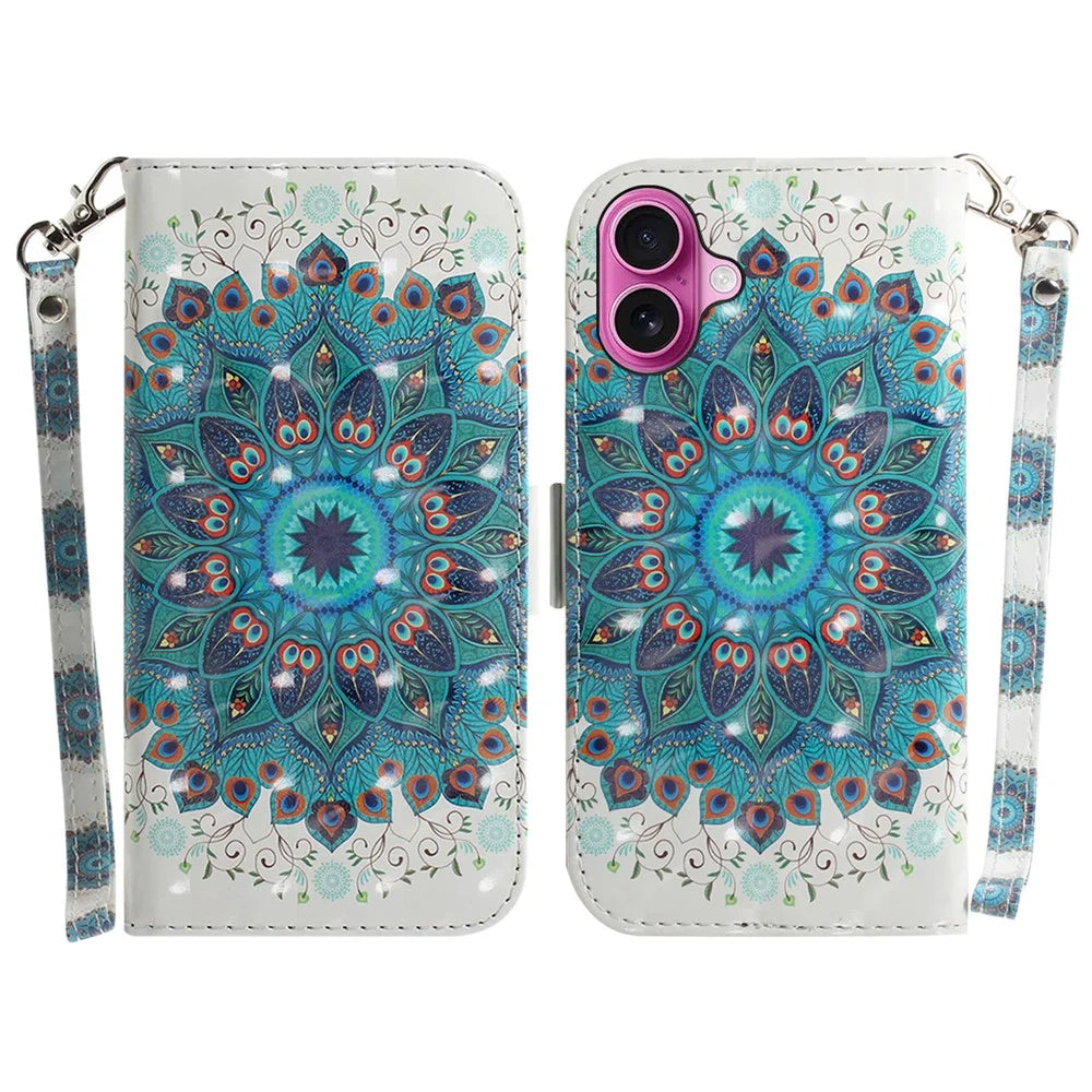 For iPhone 16 Plus Wallet Case 3D Pattern Print Leather Phone Cover - Peacock Wreath - 1