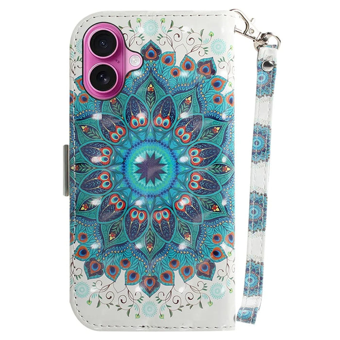 For iPhone 16 Plus Wallet Case 3D Pattern Print Leather Phone Cover - Peacock Wreath - 7