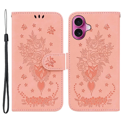 For iPhone 16 Plus Wallet Case PU Leather Phone Cover Butterfly Flower Imprint - Pink - 1