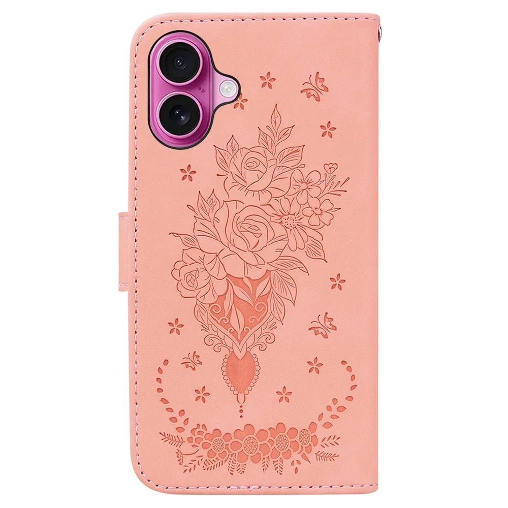 For iPhone 16 Plus Wallet Case PU Leather Phone Cover Butterfly Flower Imprint - Pink - 7