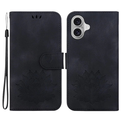 For iPhone 16 Phone Case Lotus Imprint Leather Stand Wallet Cover - Black - 1