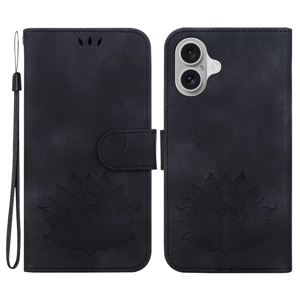 For iPhone 16 Phone Case Lotus Imprint Leather Stand Wallet Cover - Black - 1