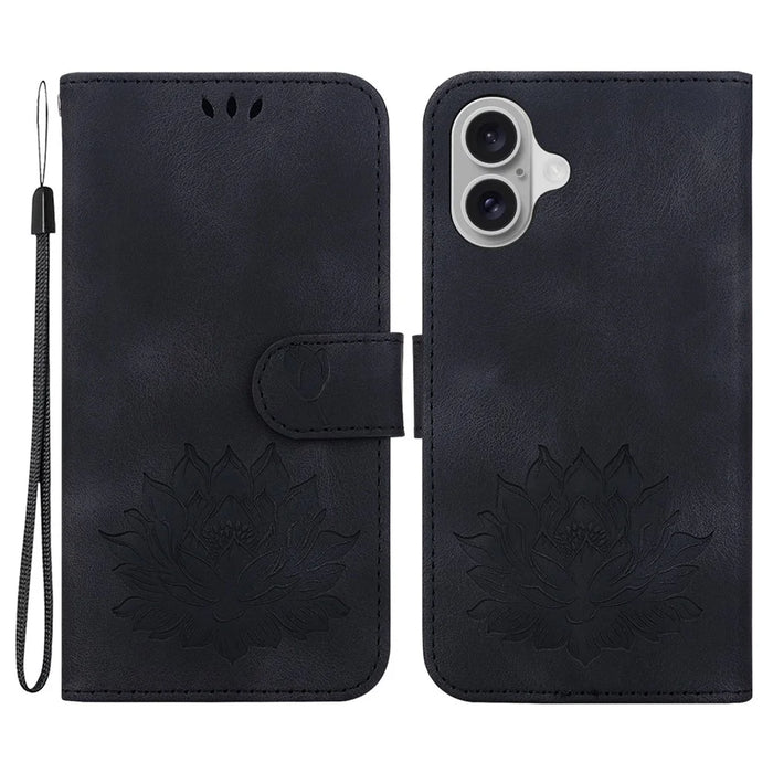 For iPhone 16 Phone Case Lotus Imprint Leather Stand Wallet Cover - Black - 1