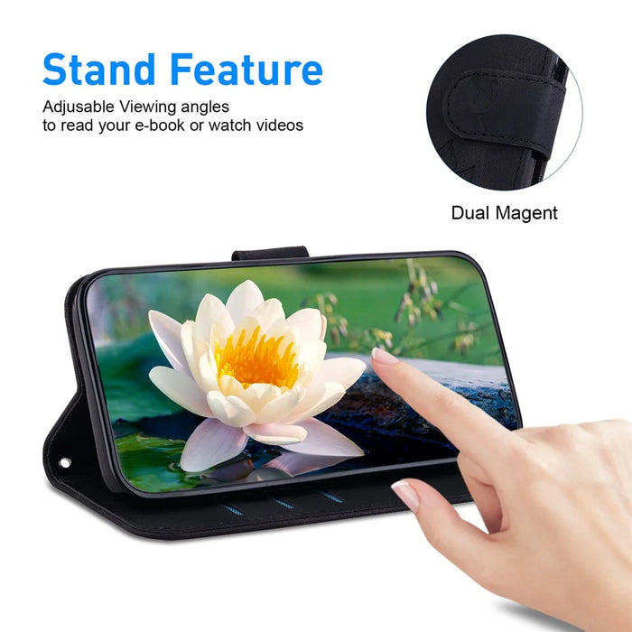 For iPhone 16 Phone Case Lotus Imprint Leather Stand Wallet Cover - Black - 3