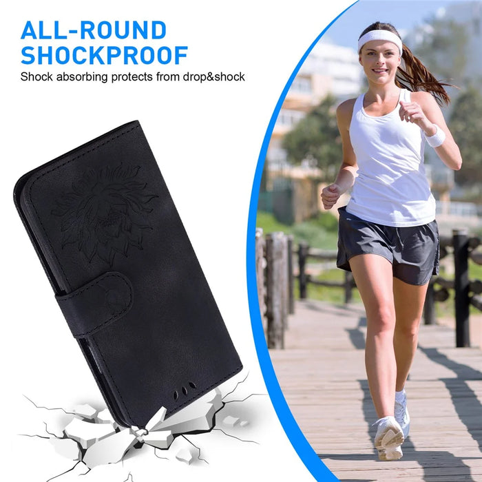 For iPhone 16 Phone Case Lotus Imprint Leather Stand Wallet Cover - Black - 6