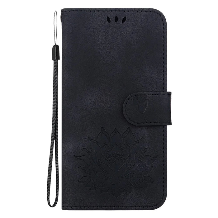 For iPhone 16 Phone Case Lotus Imprint Leather Stand Wallet Cover - Black - 7