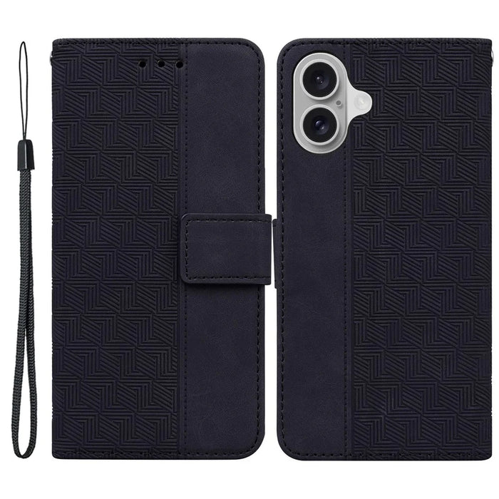 For iPhone 16 Case PU Leather Geometry Imprint Wallet Phone Cover - Black - 1