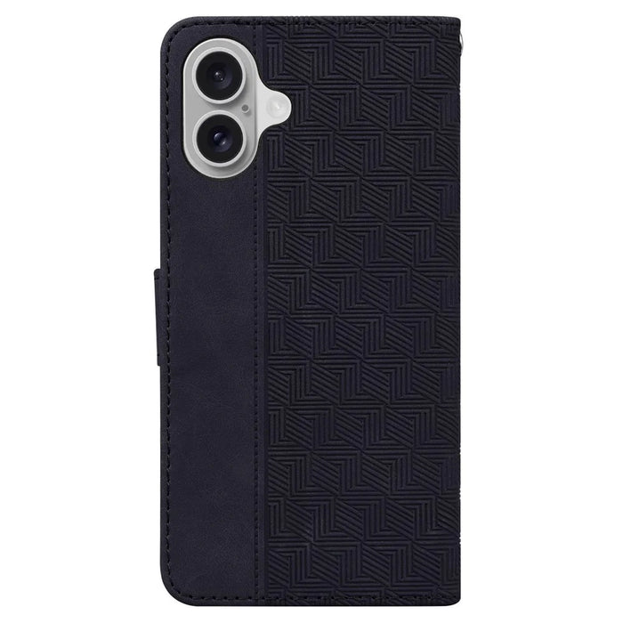 For iPhone 16 Case PU Leather Geometry Imprint Wallet Phone Cover - Black - 7