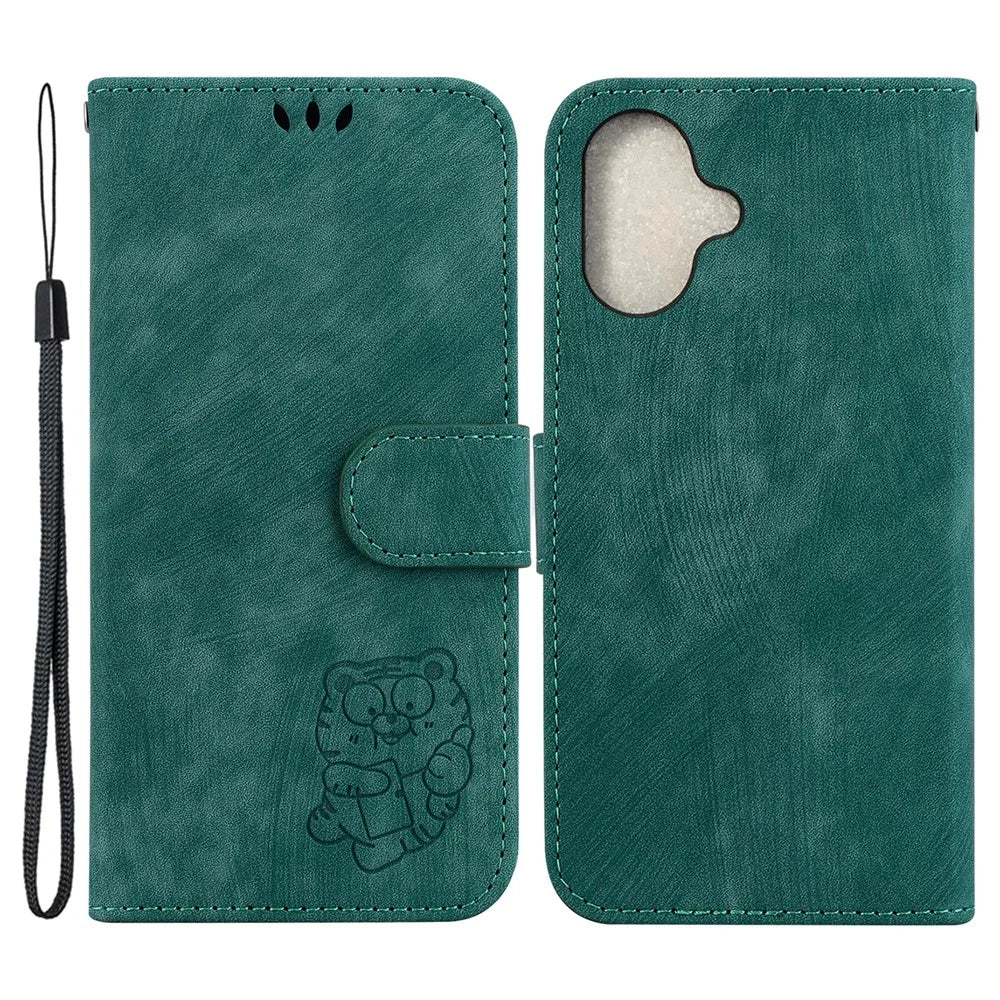 For iPhone 16 Stand Case Cute Tiger Imprint Leather Wallet Phone Cover - Green - 1