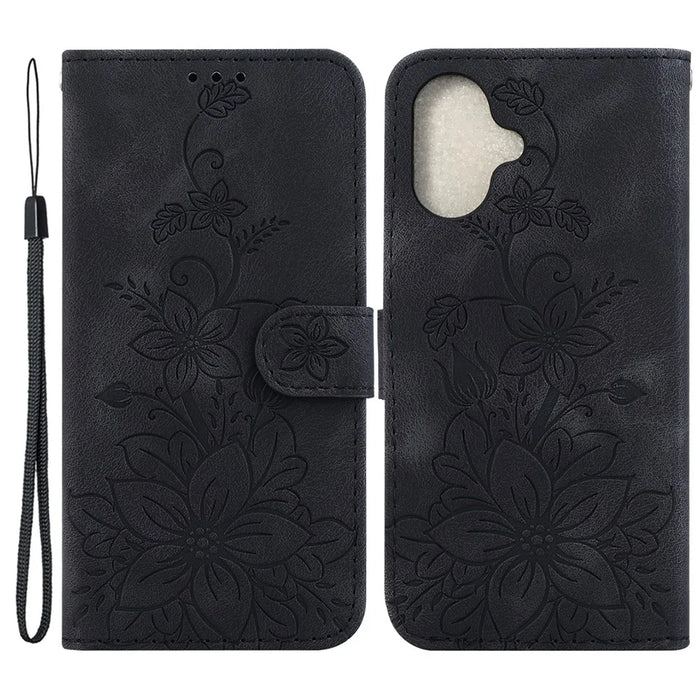 For iPhone 16 Wallet Case PU Leather Phone Cover Flower Imprinted - Black - 1