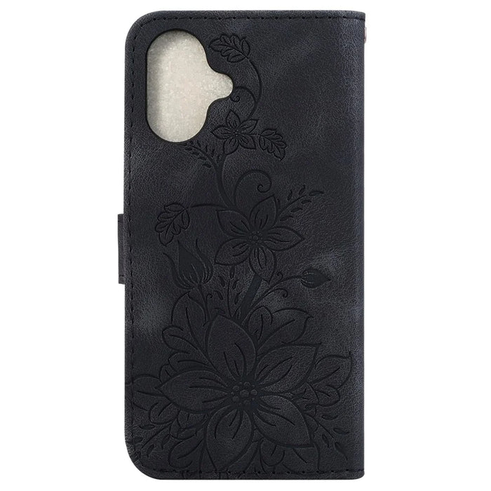 For iPhone 16 Wallet Case PU Leather Phone Cover Flower Imprinted - Black - 7