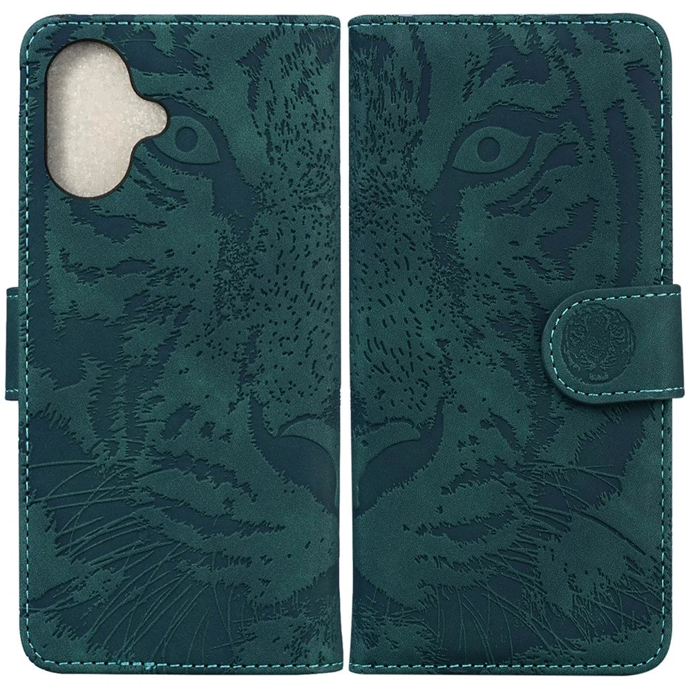 For iPhone 16 Case Tiger Imprint Leather Shockproof Wallet Phone Cover - Green - 1