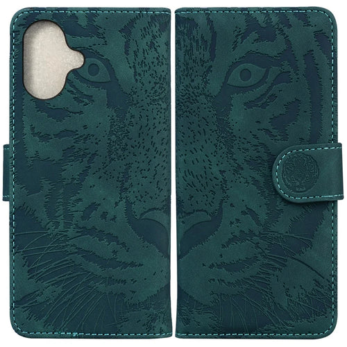 For iPhone 16 Case Tiger Imprint Leather Shockproof Wallet Phone Cover - Green - 1
