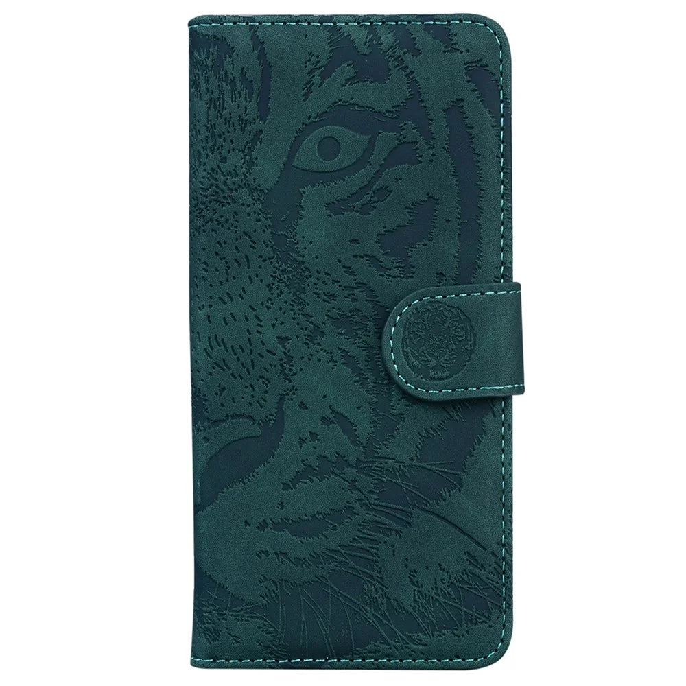 For iPhone 16 Case Tiger Imprint Leather Shockproof Wallet Phone Cover - Green - 6