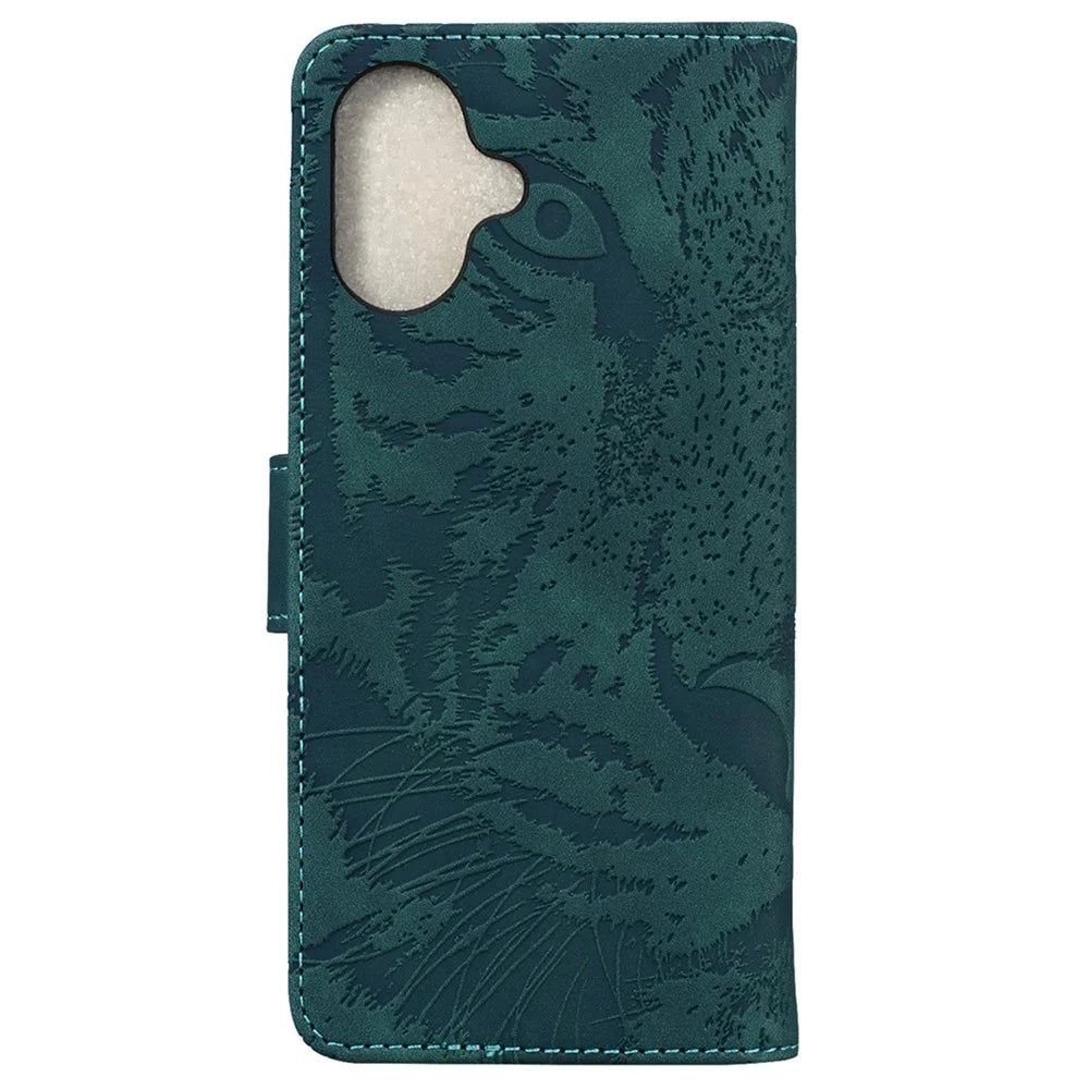 For iPhone 16 Case Tiger Imprint Leather Shockproof Wallet Phone Cover - Green - 7