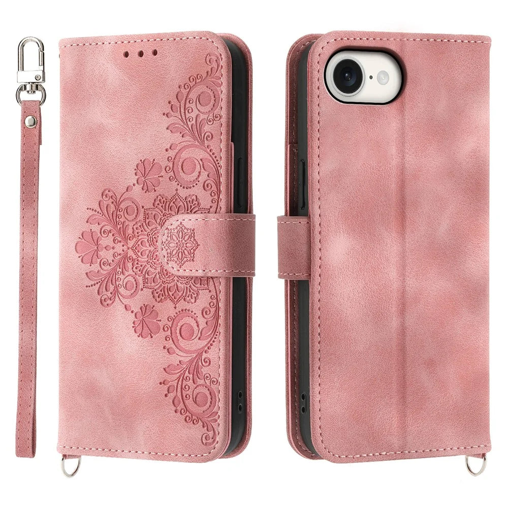 For iPhone 17e / 16e Leather Case Multiple Card Slots Phone Cover with 2 Straps - Pink - 1
