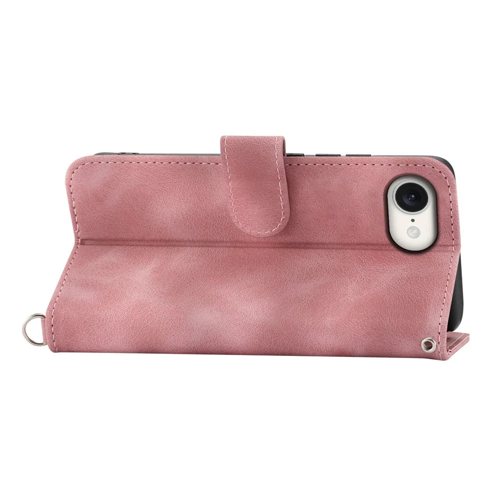 For iPhone 17e / 16e Leather Case Multiple Card Slots Phone Cover with 2 Straps - Pink - 2
