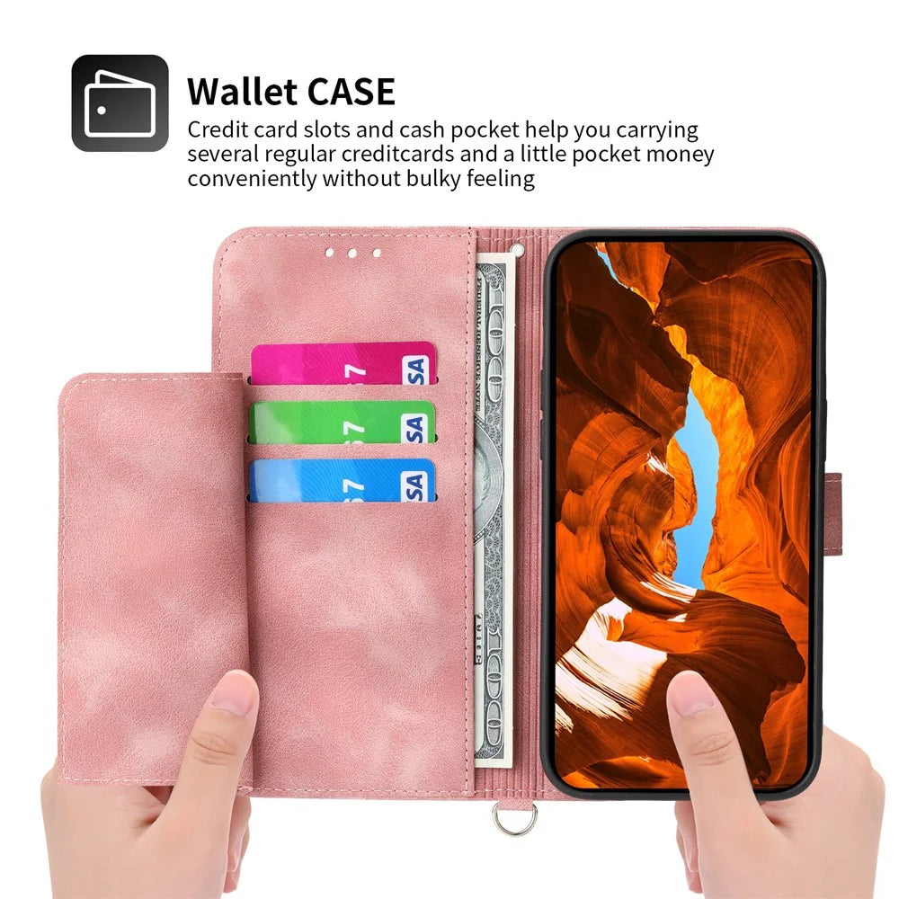 For iPhone 17e / 16e Leather Case Multiple Card Slots Phone Cover with 2 Straps - Pink - 3
