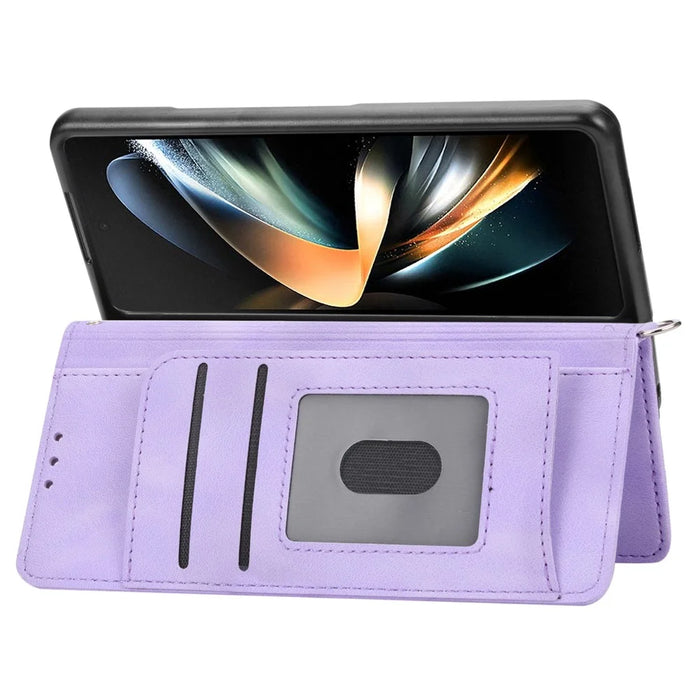 For Samsung Galaxy Z Fold6 5G Leather Case Multiple Card Slots Phone Cover with 2 Straps - Purple - 5