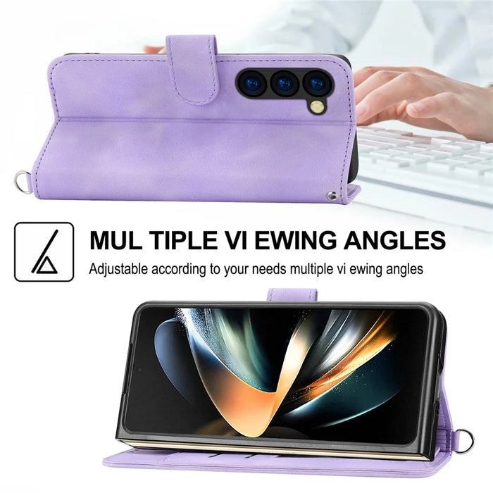 For Samsung Galaxy Z Fold6 5G Leather Case Multiple Card Slots Phone Cover with 2 Straps - Purple - 6
