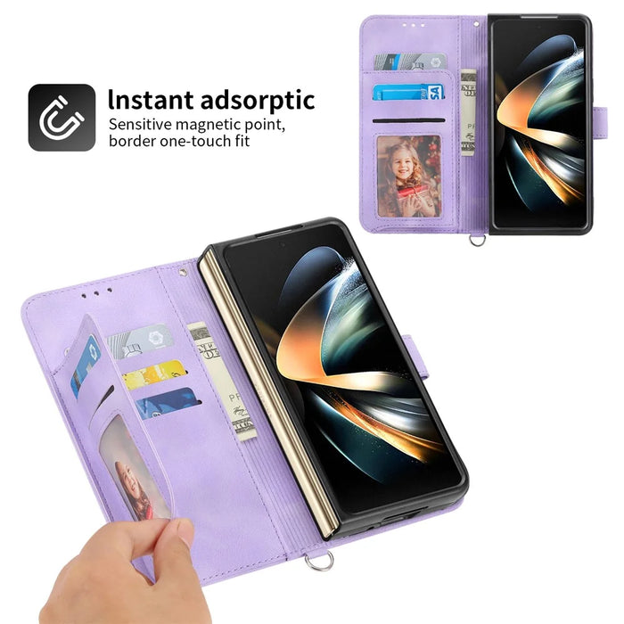 For Samsung Galaxy Z Fold6 5G Leather Case Multiple Card Slots Phone Cover with 2 Straps - Purple - 7