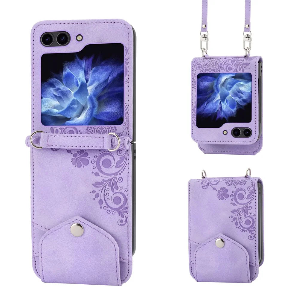 For Samsung Galaxy Z Flip7 FE 5G / Z Flip6 5G Leather Case Multiple Card Slots Phone Cover with Shoulder Strap - Purple - 1