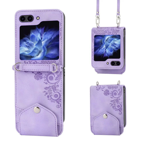 For Samsung Galaxy Z Flip7 FE 5G / Z Flip6 5G Leather Case Multiple Card Slots Phone Cover with Shoulder Strap - Purple - 1