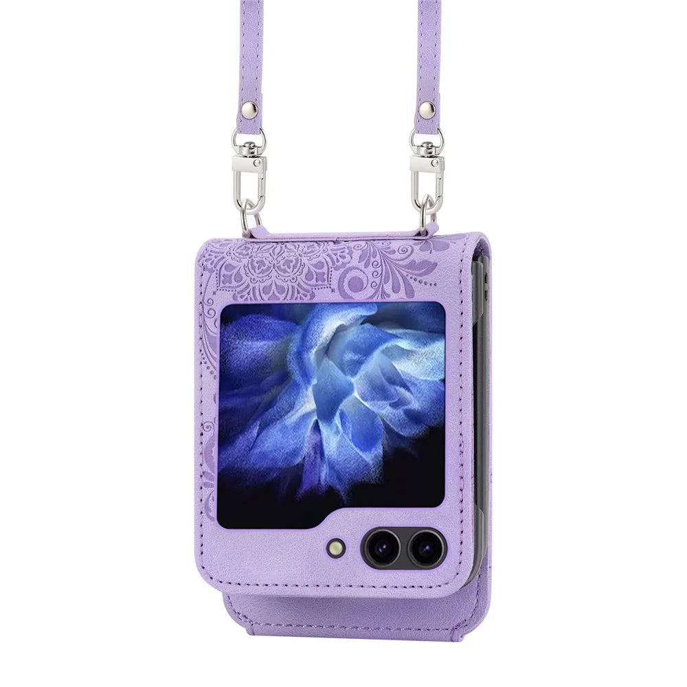 For Samsung Galaxy Z Flip7 FE 5G / Z Flip6 5G Leather Case Multiple Card Slots Phone Cover with Shoulder Strap - Purple - 2