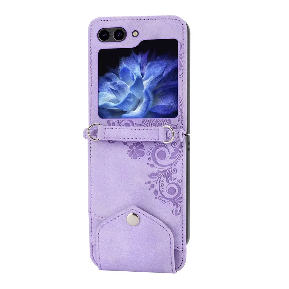 For Samsung Galaxy Z Flip7 FE 5G / Z Flip6 5G Leather Case Multiple Card Slots Phone Cover with Shoulder Strap - Purple - 4