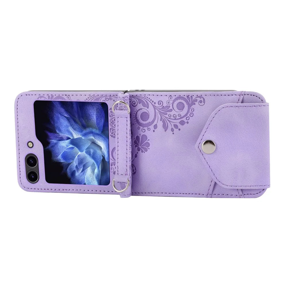 For Samsung Galaxy Z Flip7 FE 5G / Z Flip6 5G Leather Case Multiple Card Slots Phone Cover with Shoulder Strap - Purple - 5