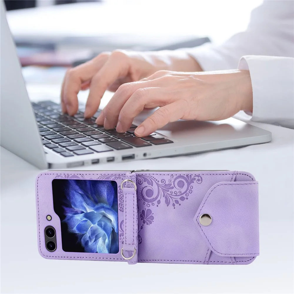 For Samsung Galaxy Z Flip7 FE 5G / Z Flip6 5G Leather Case Multiple Card Slots Phone Cover with Shoulder Strap - Purple - 6