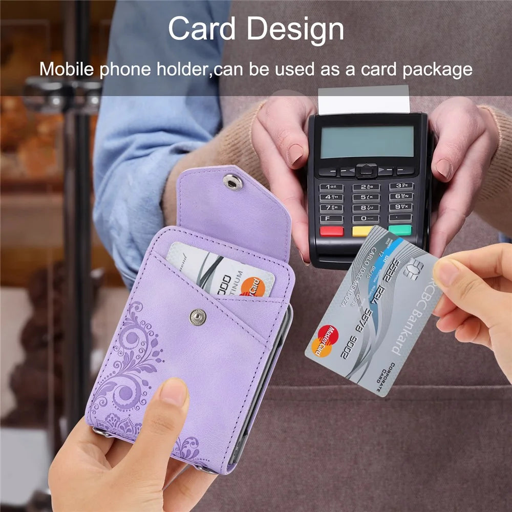 For Samsung Galaxy Z Flip7 FE 5G / Z Flip6 5G Leather Case Multiple Card Slots Phone Cover with Shoulder Strap - Purple - 7