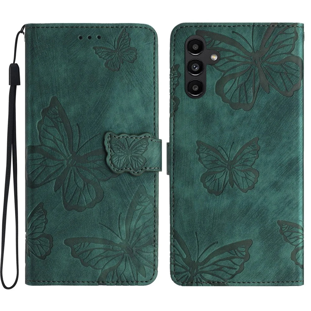 For Samsung Galaxy S24 FE Case PU Leather Wallet Flip Phone Cover Butterflies Imprinted - Green - 1