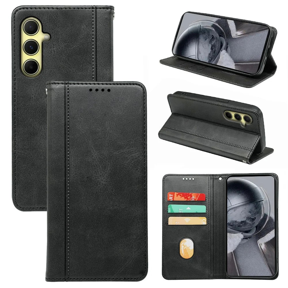 For Samsung Galaxy S24 FE Case Hidden Magnetic Closure Calf Texture Leather Phone Cover - Black - 1