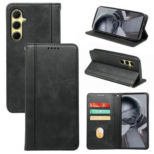 For Samsung Galaxy S24 FE Case Hidden Magnetic Closure Calf Texture Leather Phone Cover - Black - 1
