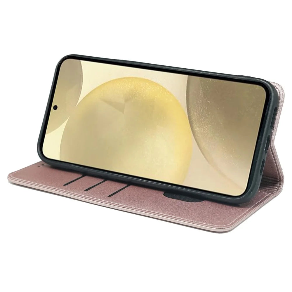 For Samsung Galaxy S24 FE Case Four-Leaf Clover Leather Phone Cover Flip Stand View - Rose Gold - 3