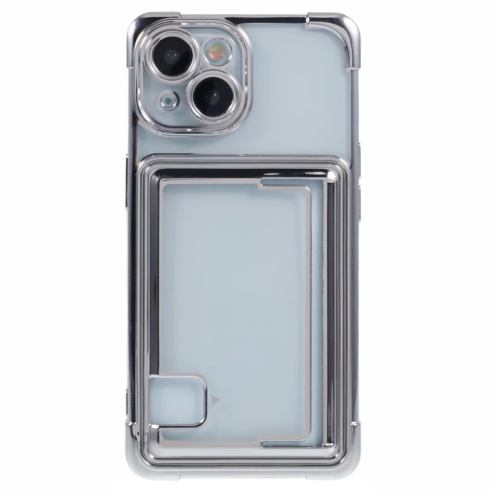 For iPhone 15 Plus Phone Case Card Slot Electroplating TPU Protective Cover - Silver - 3