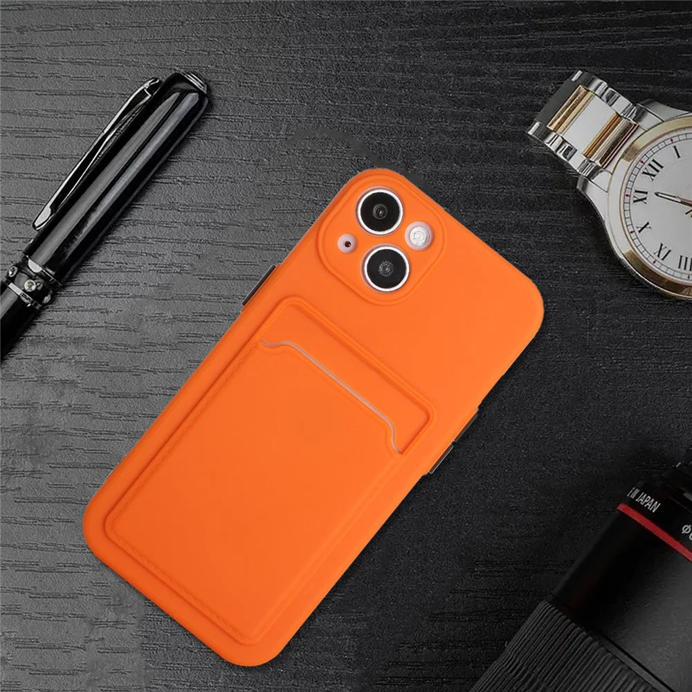 For iPhone 14 Plus Case Card Holder Soft TPU Protective Phone Cover - Orange - 5