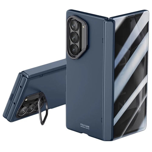 For Samsung Galaxy Z Fold6 5G Case PC Hard Phone Cover with Anti-spy Film, Lens Frame Kickstand - Blue - 1